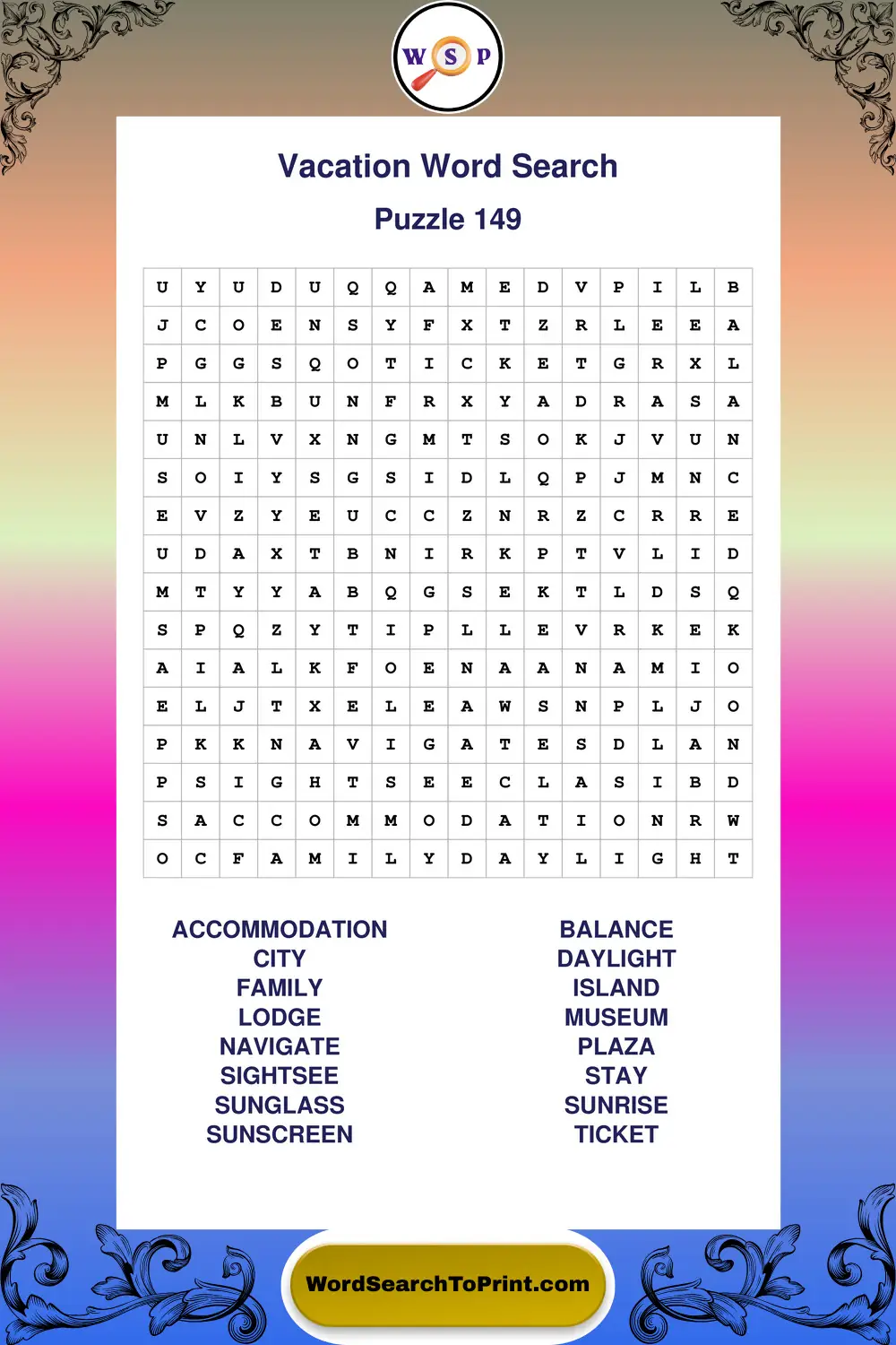 Vacation Word Search Puzzle 149