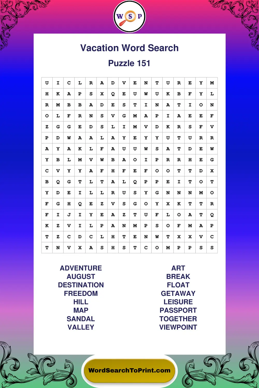 Vacation Word Search Puzzle 151