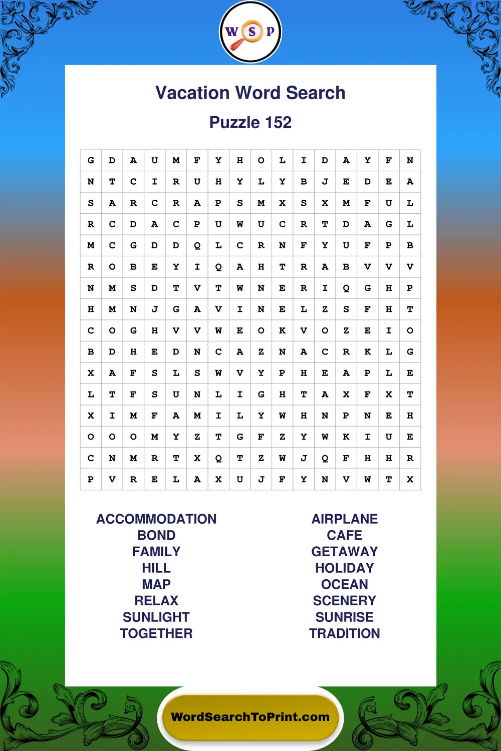 Vacation Word Search Puzzle 152