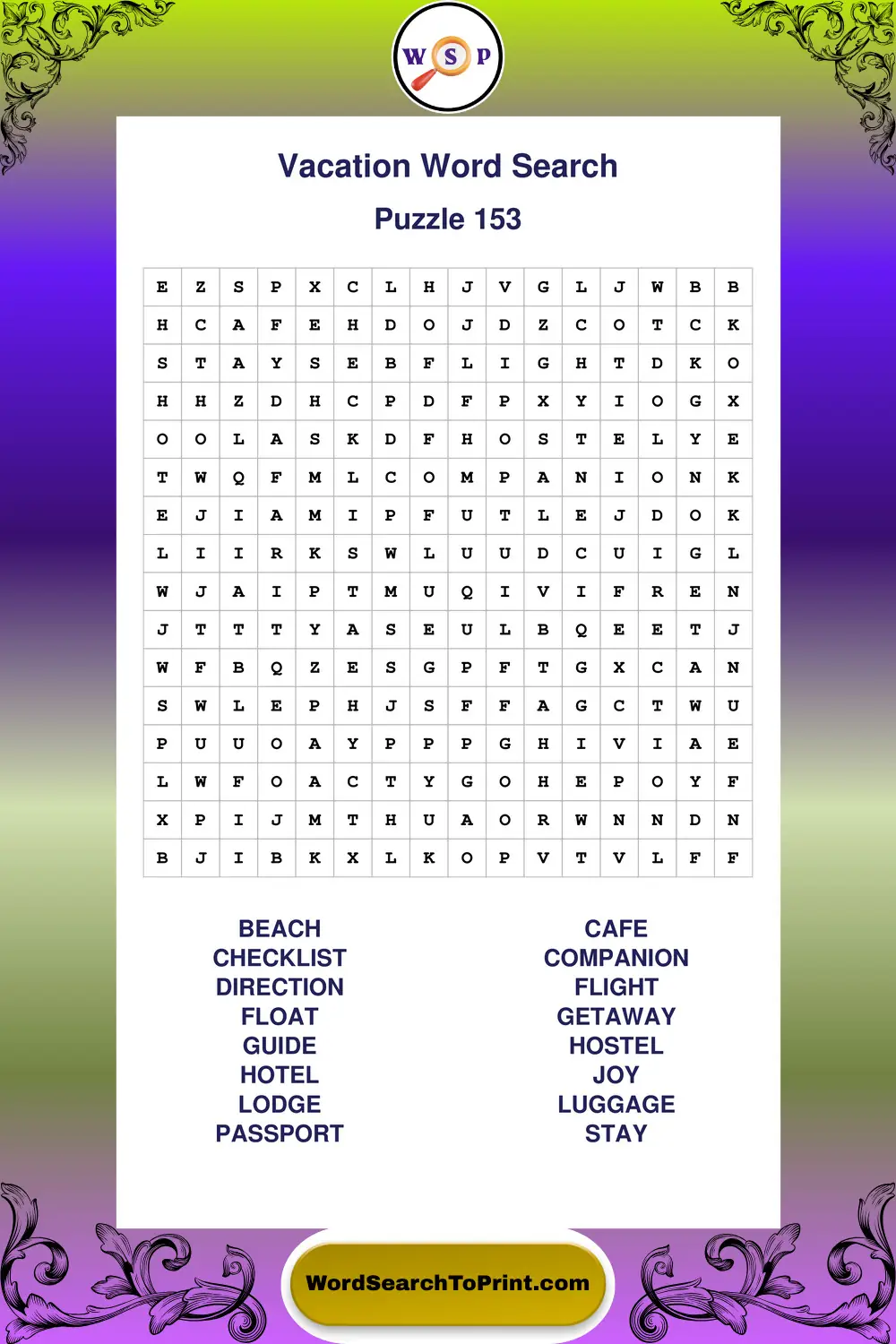 Vacation Word Search Puzzle 153