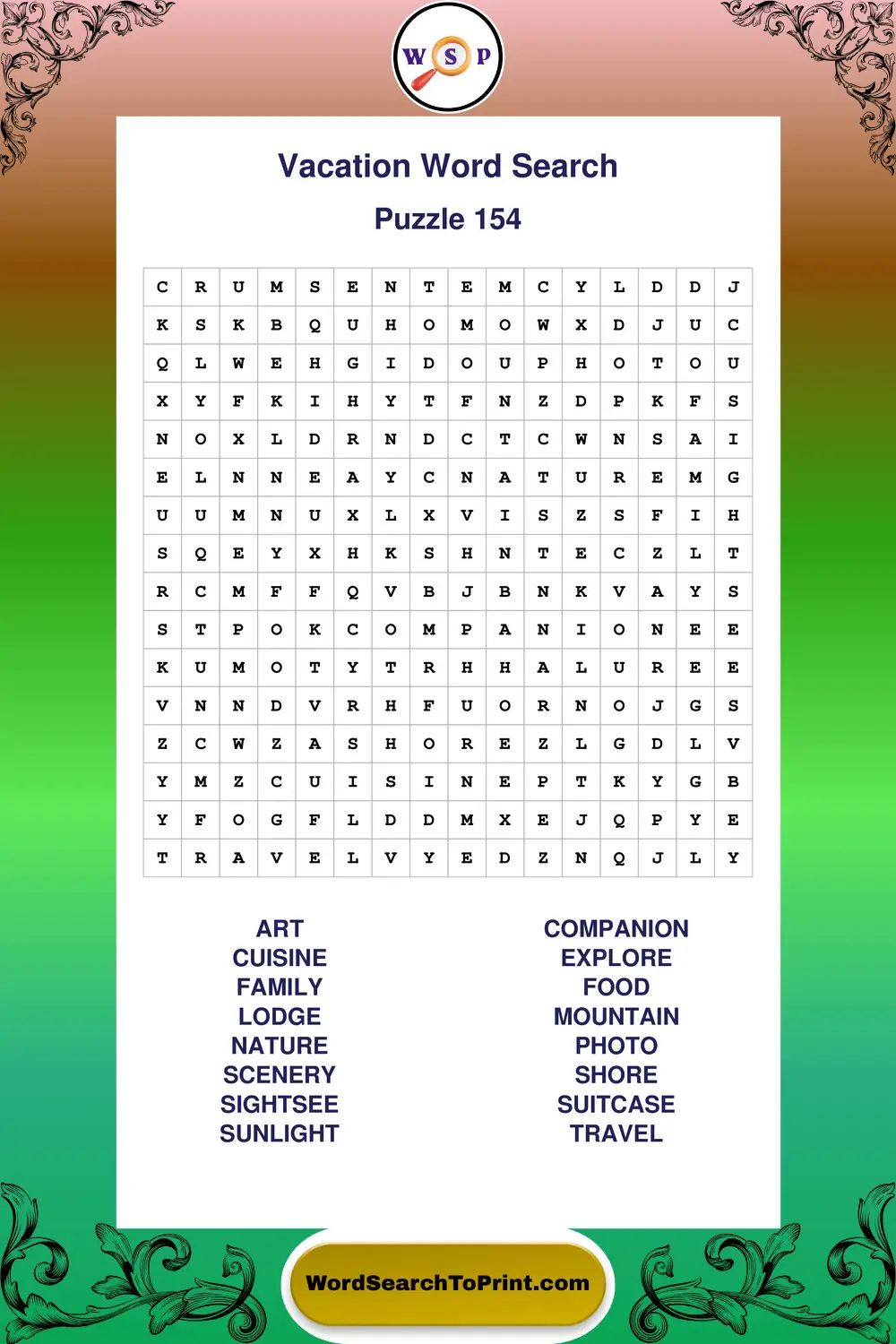 Vacation Word Search Puzzle 154