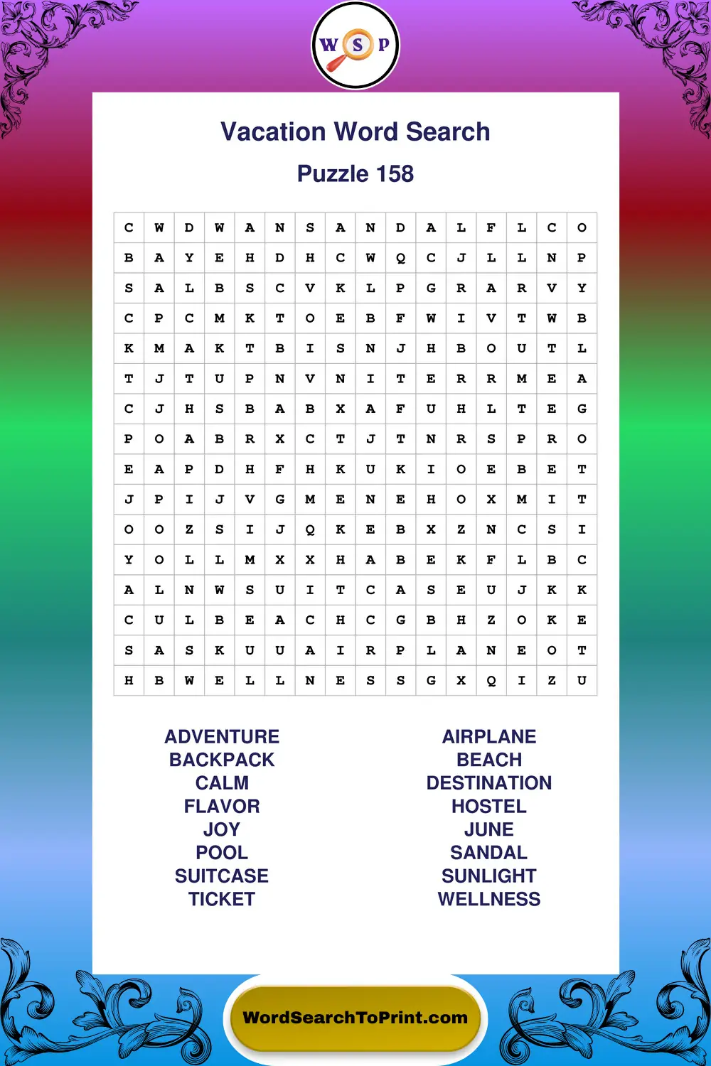 Vacation Word Search Puzzle 158