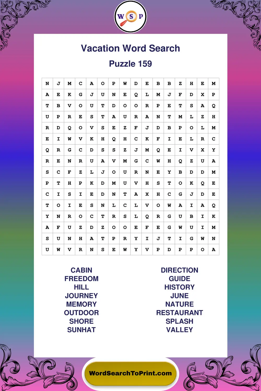 Vacation Word Search Puzzle 159