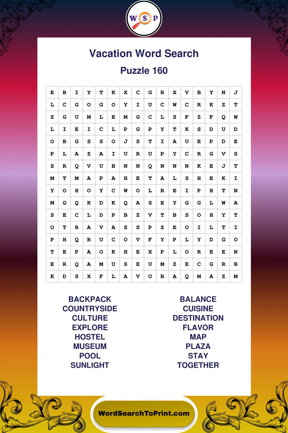 Vacation Word Search Puzzle 160