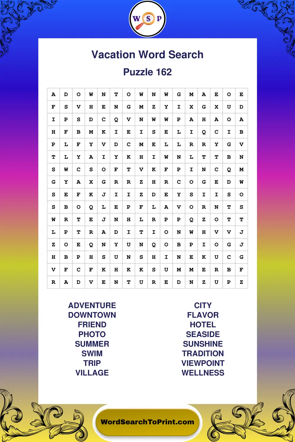 Vacation Word Search Puzzle 162