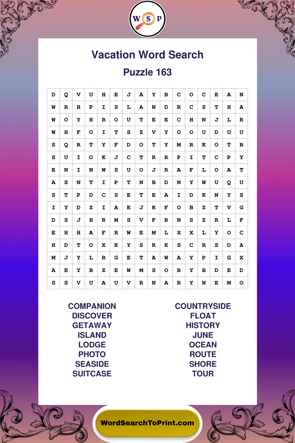 Vacation Word Search Puzzle 163