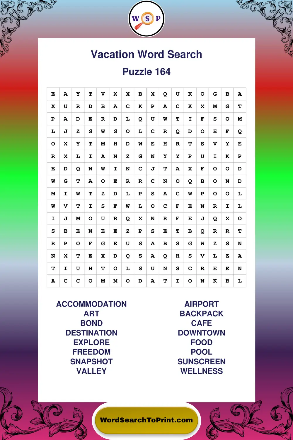 Vacation Word Search Puzzle 164