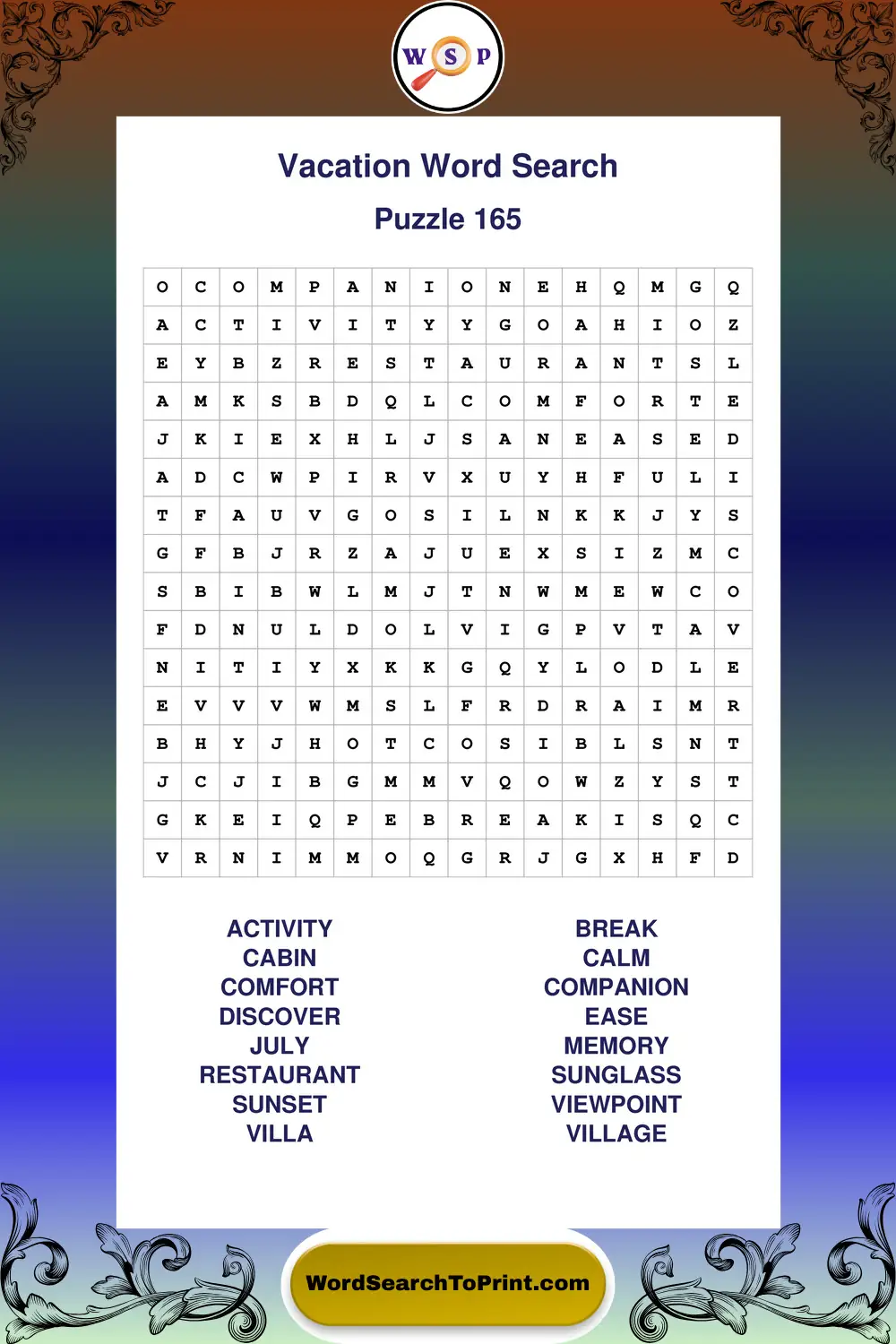 Vacation Word Search Puzzle 165