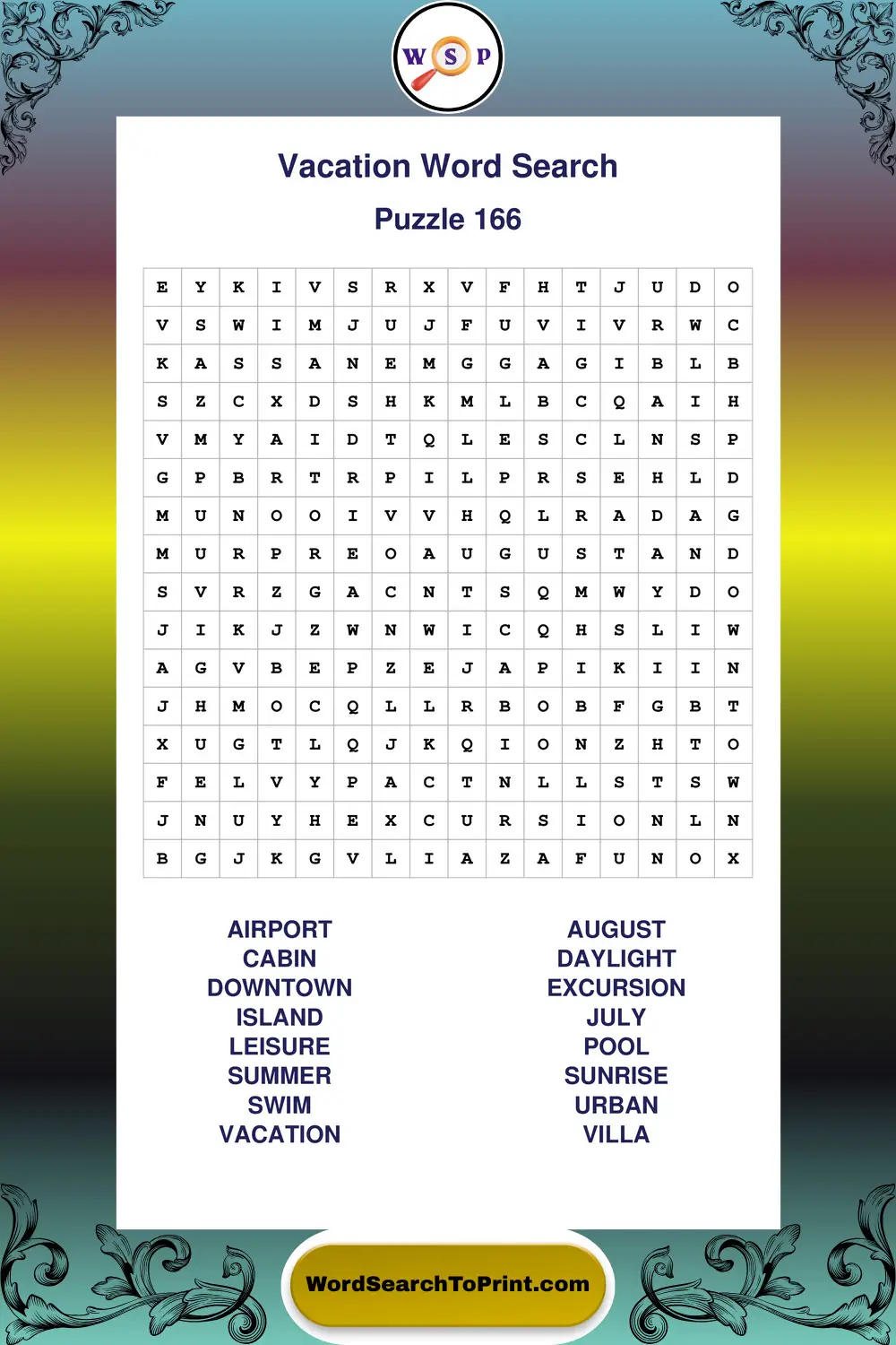 Vacation Word Search Puzzle 166