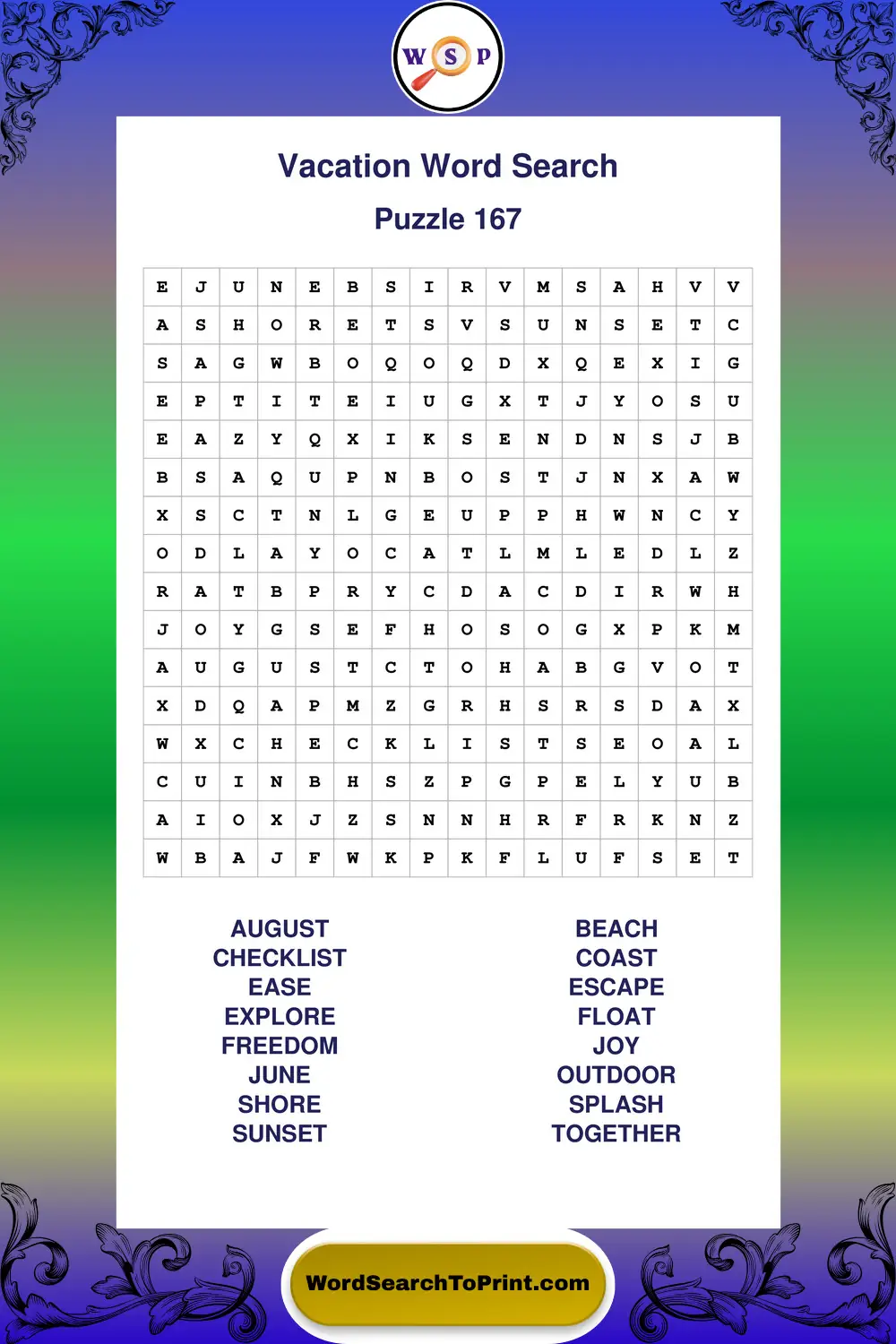Vacation Word Search Puzzle 167