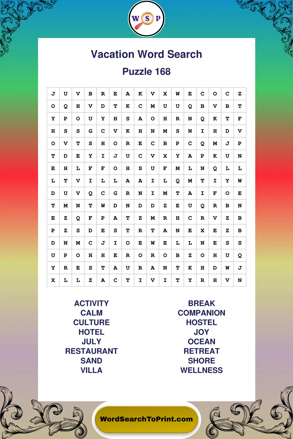 Vacation Word Search Puzzle 168