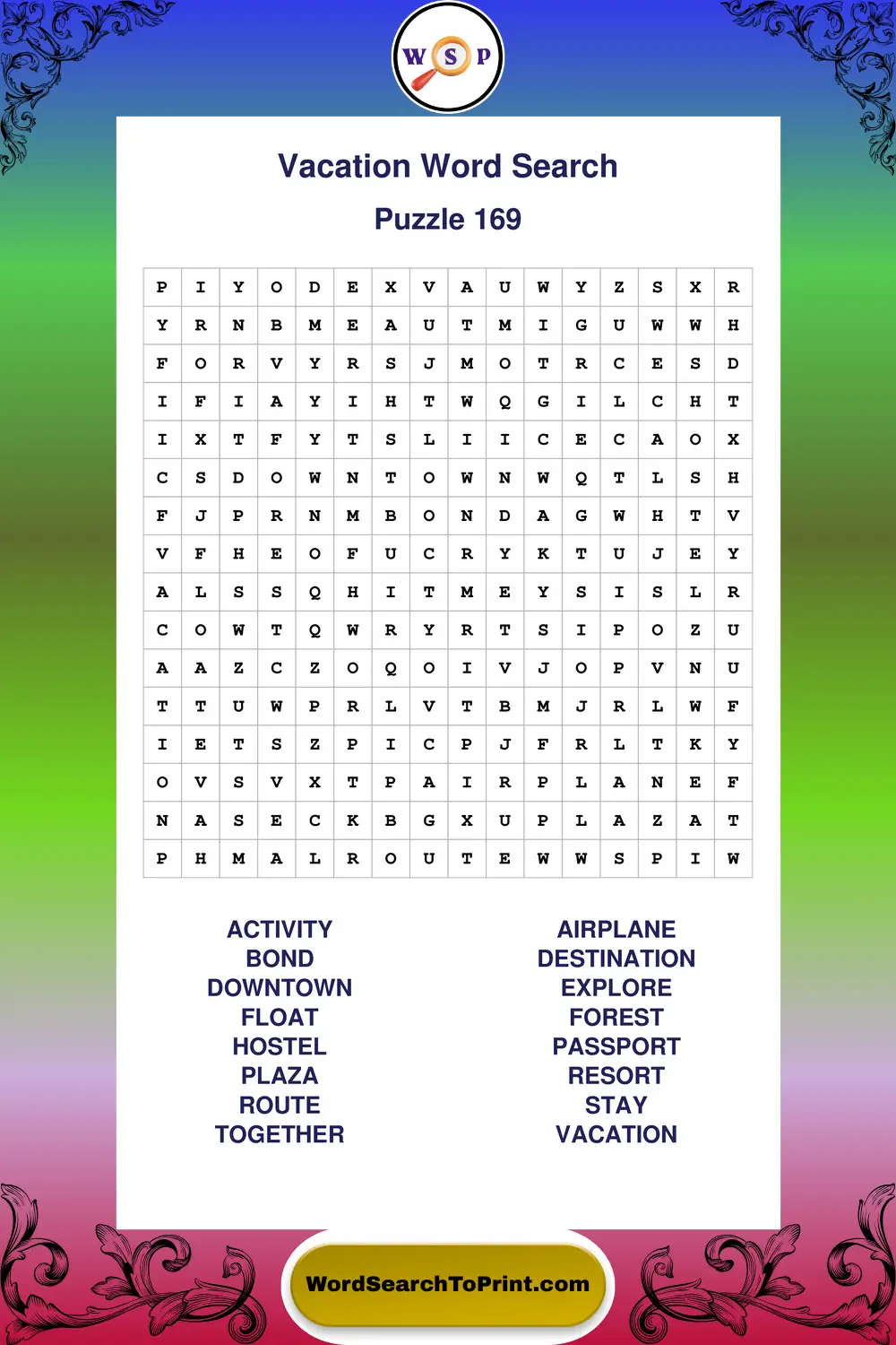 Vacation Word Search Puzzle 169
