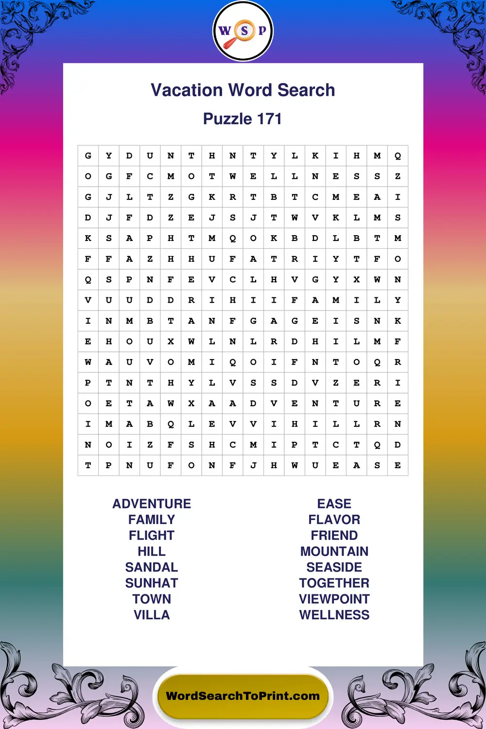 Vacation Word Search Puzzle 171