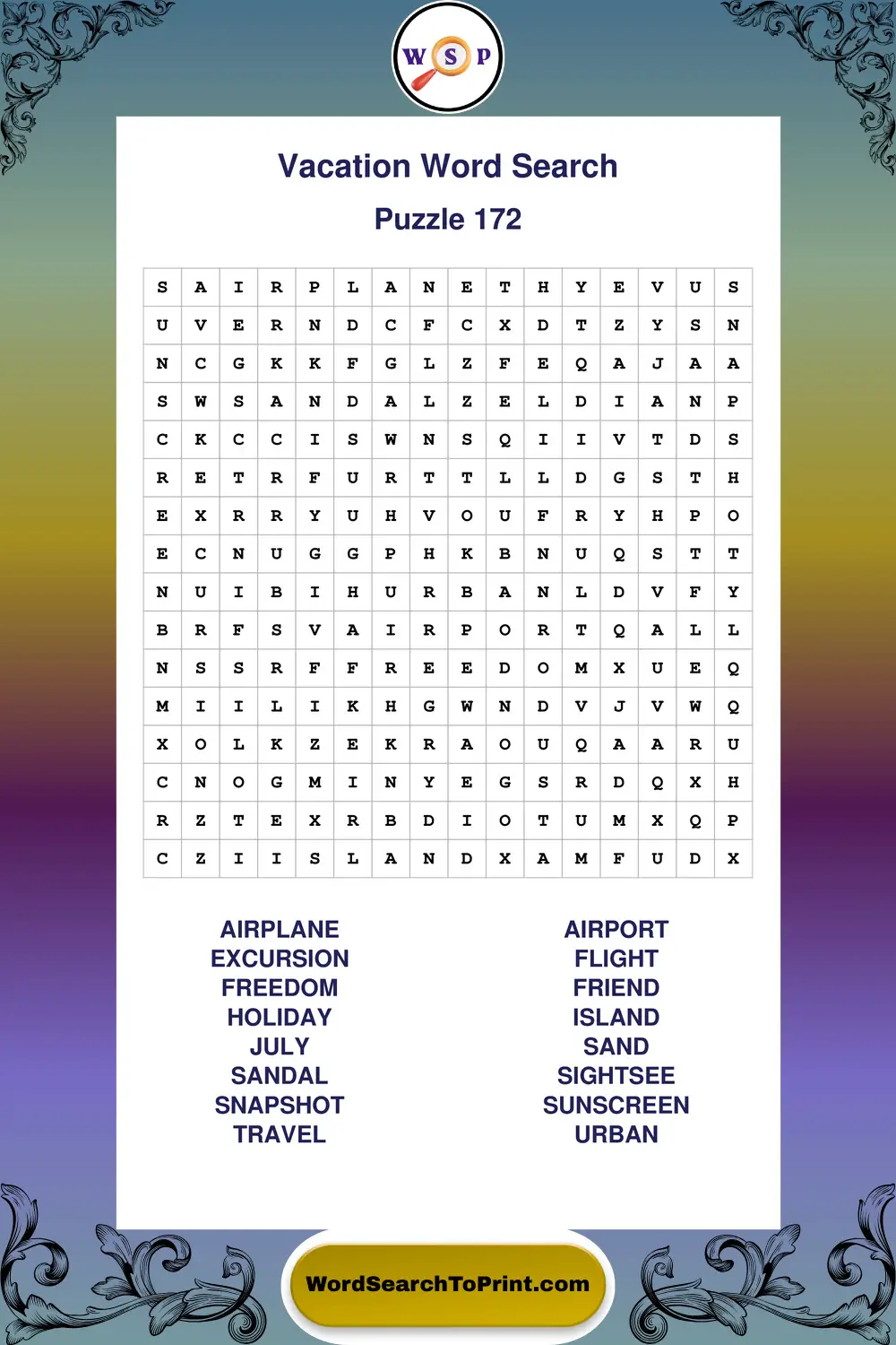 Vacation Word Search Puzzle 172