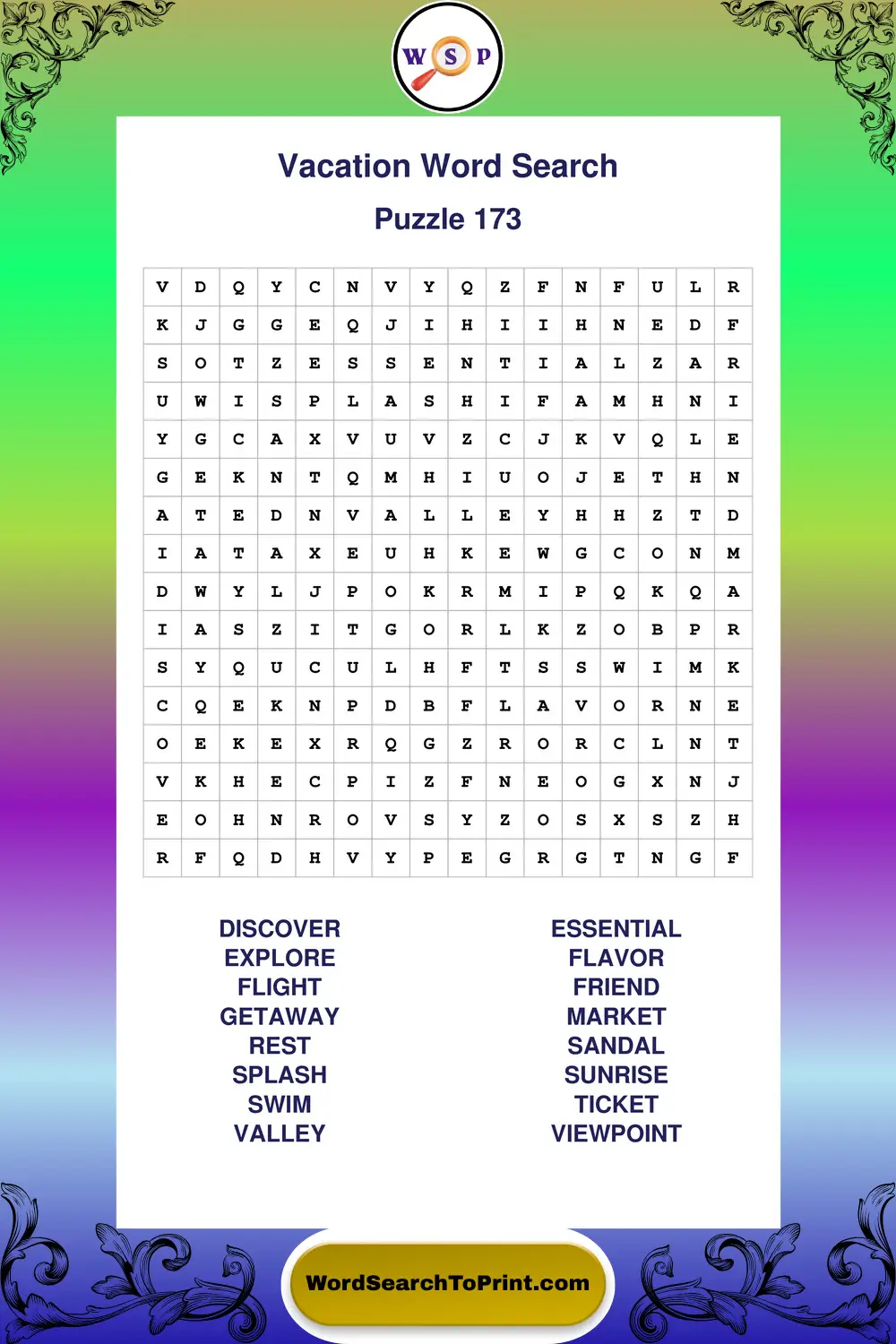 Vacation Word Search Puzzle 173