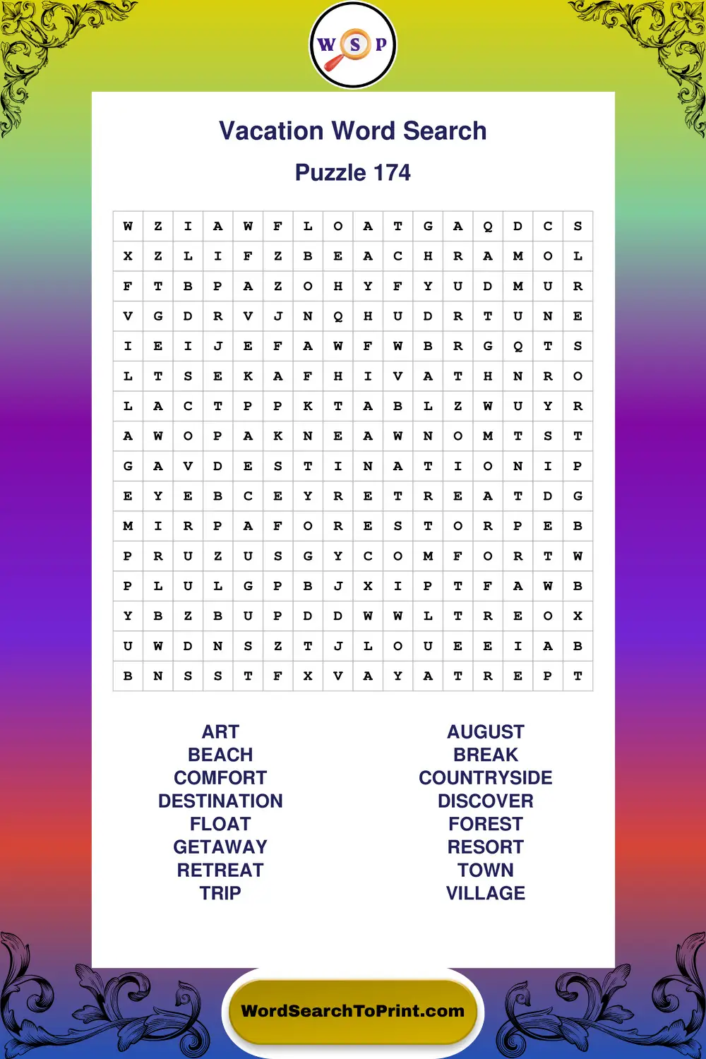 Vacation Word Search Puzzle 174