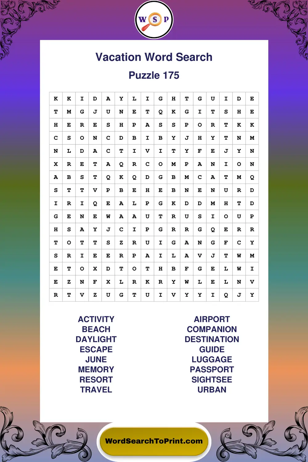 Vacation Word Search Puzzle 175