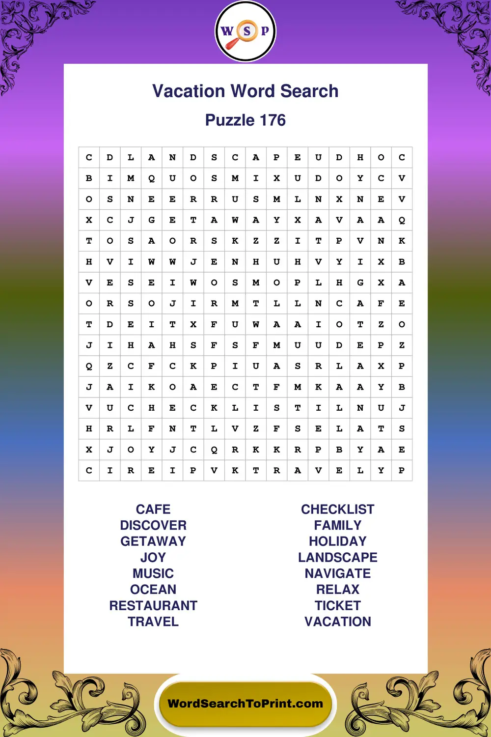 Vacation Word Search Puzzle 176