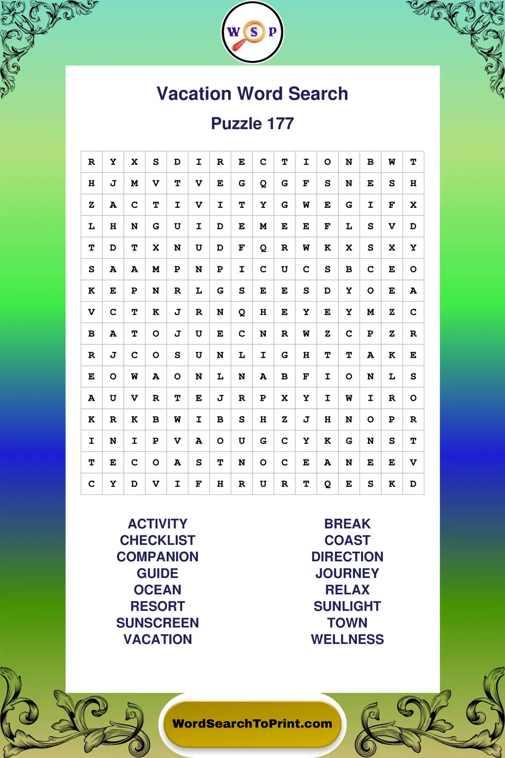 Vacation Word Search Puzzle 177