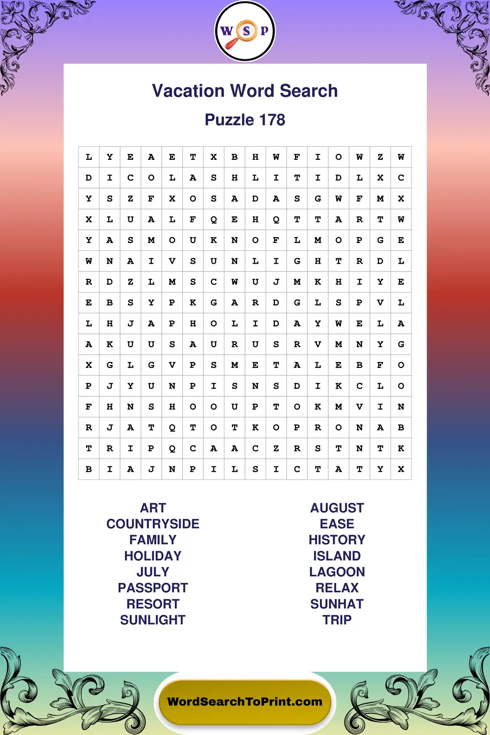 Vacation Word Search Puzzle 178