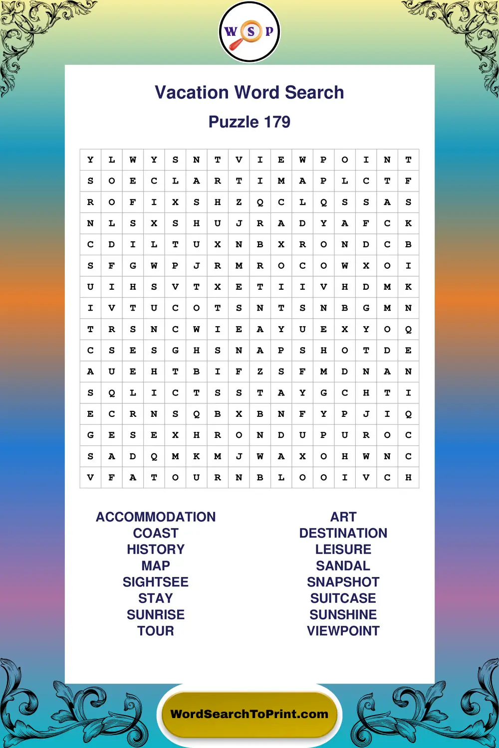 Vacation Word Search Puzzle 179