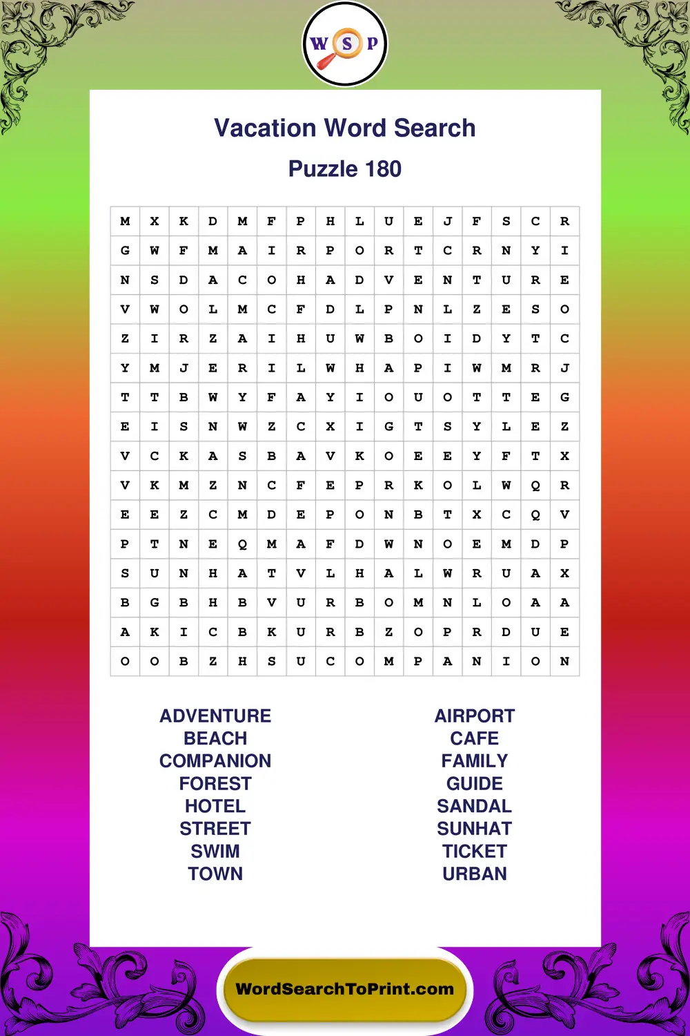 Vacation Word Search Puzzle 180