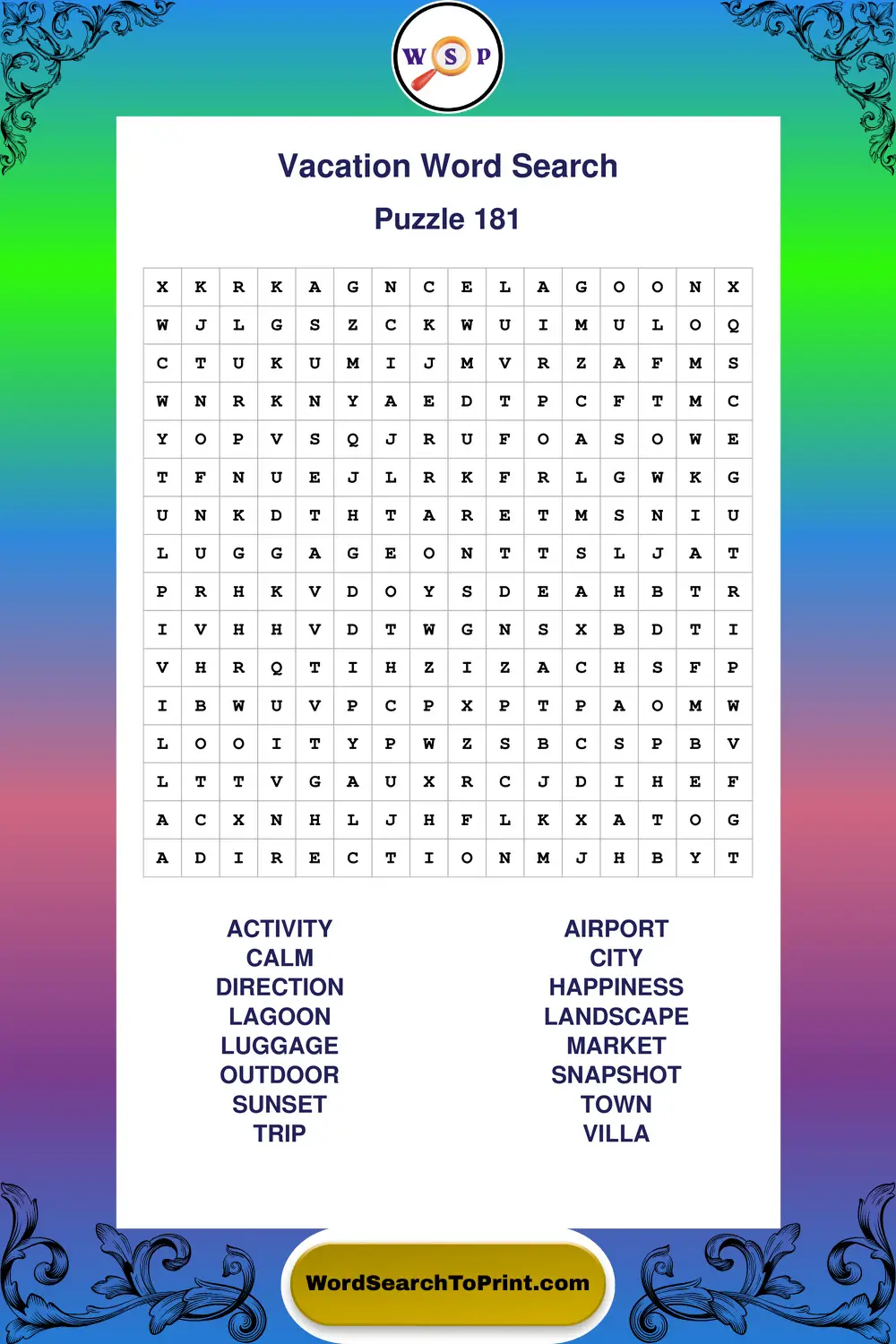 Vacation Word Search Puzzle 181
