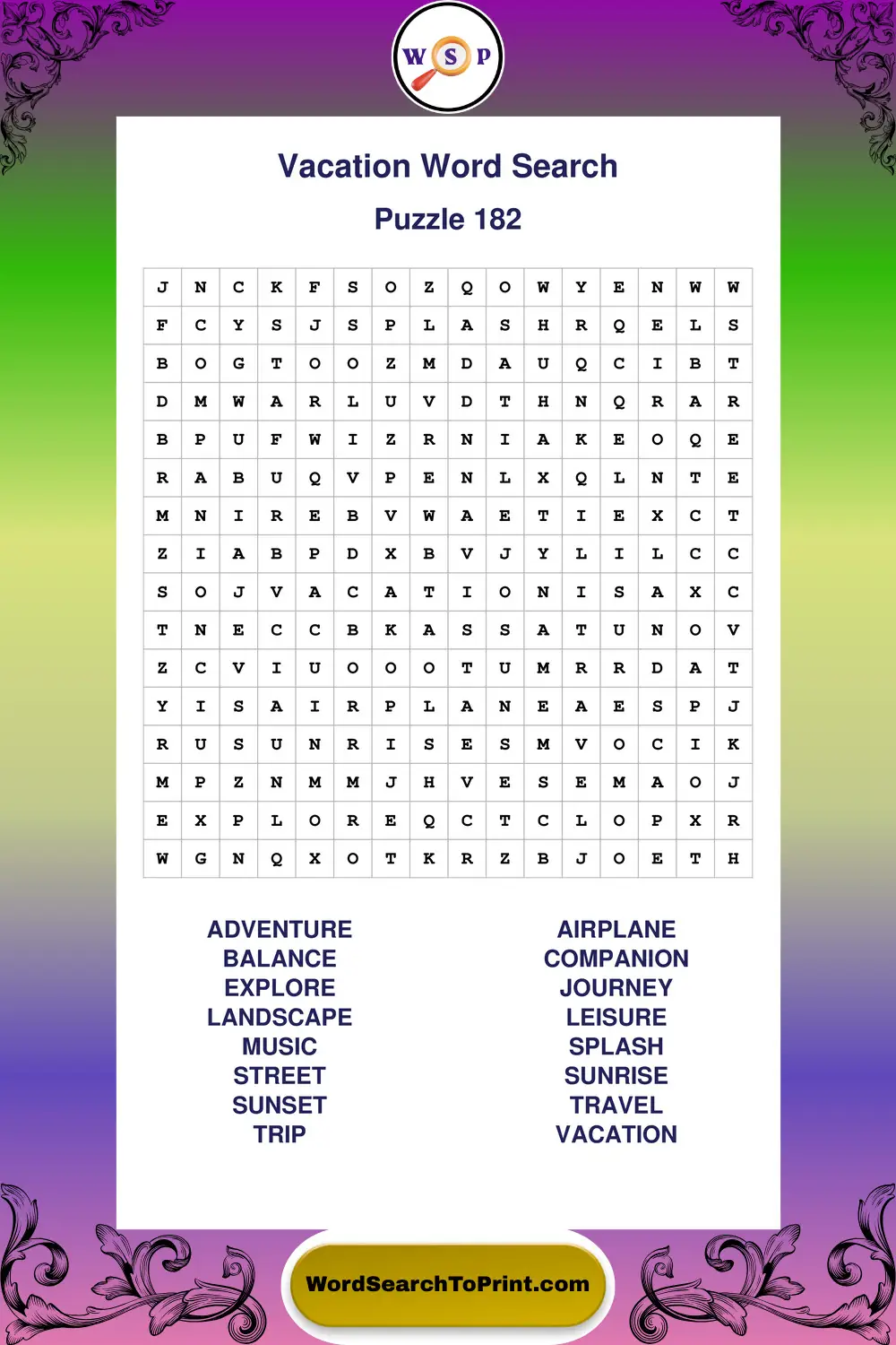 Vacation Word Search Puzzle 182