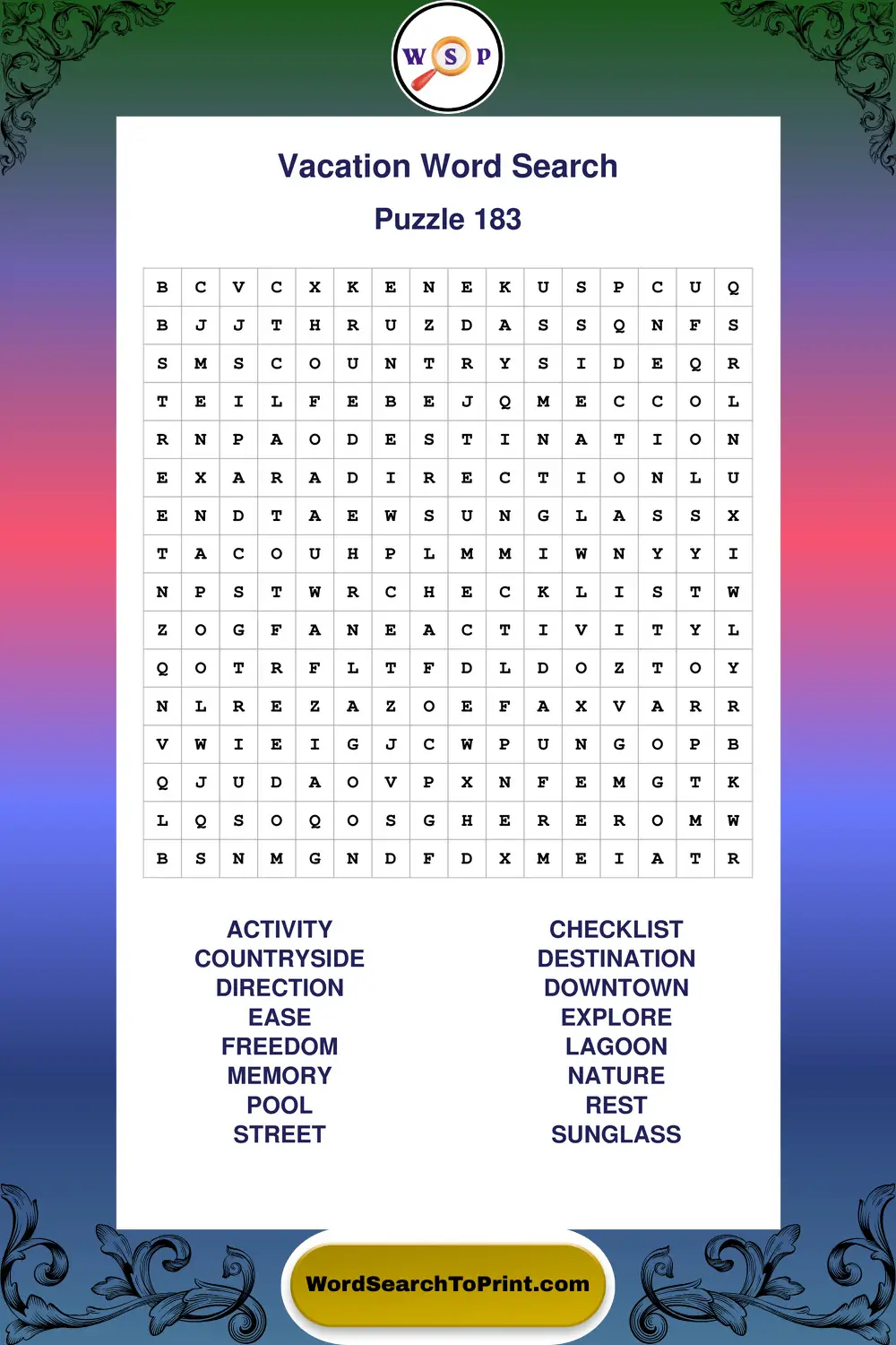 Vacation Word Search Puzzle 183
