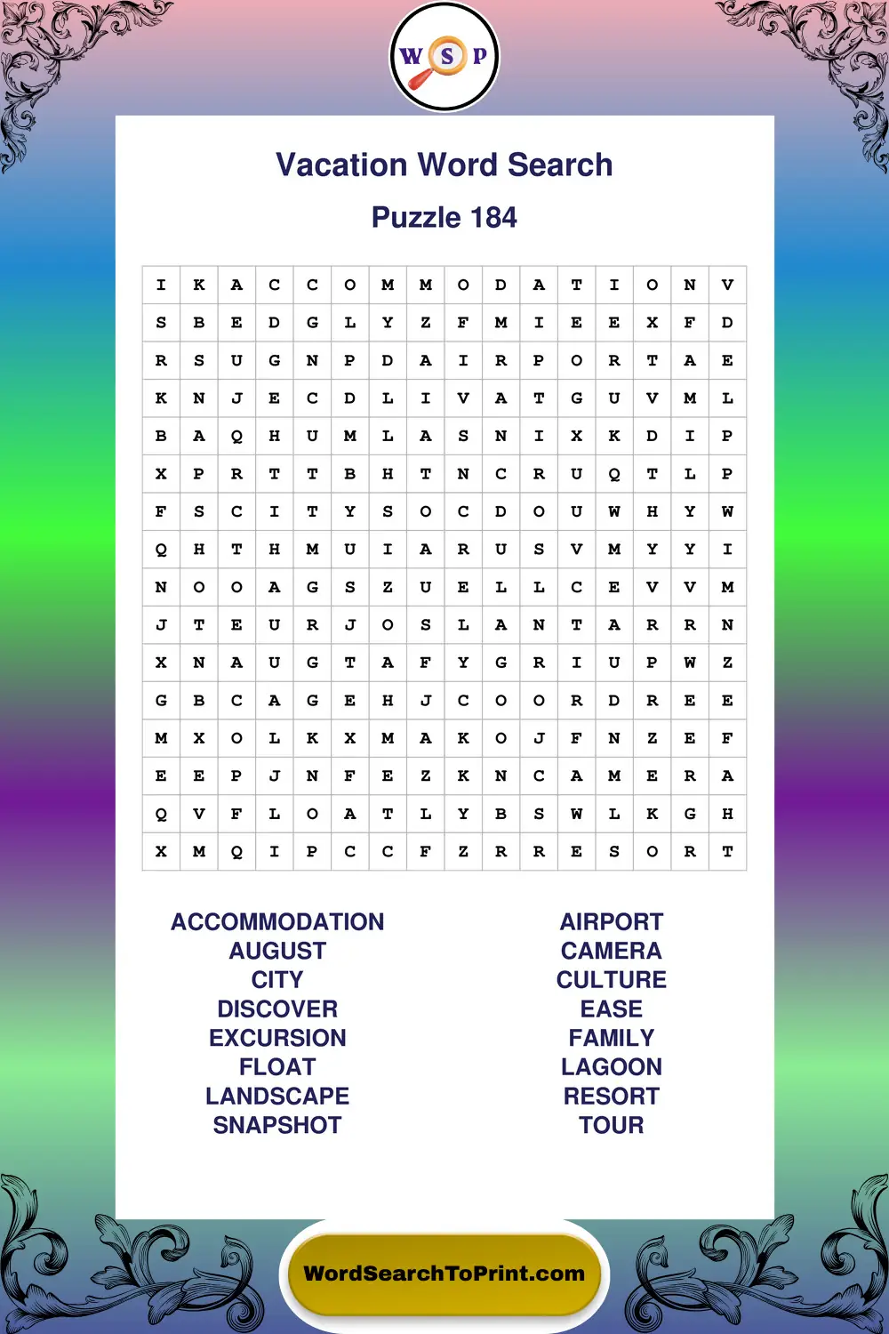 Vacation Word Search Puzzle 184