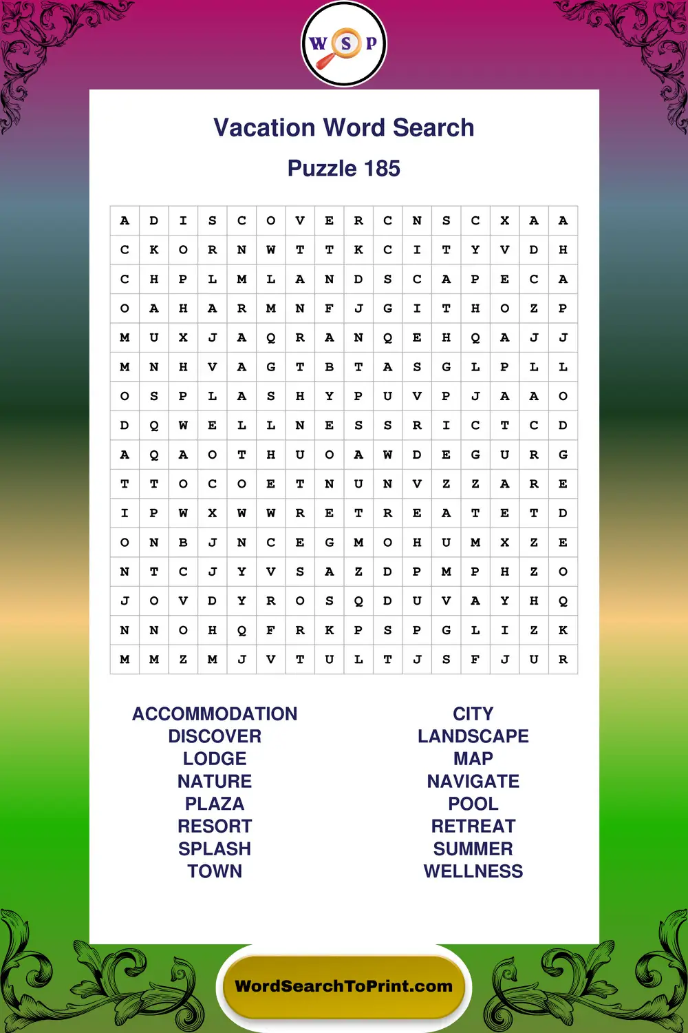 Vacation Word Search Puzzle 185