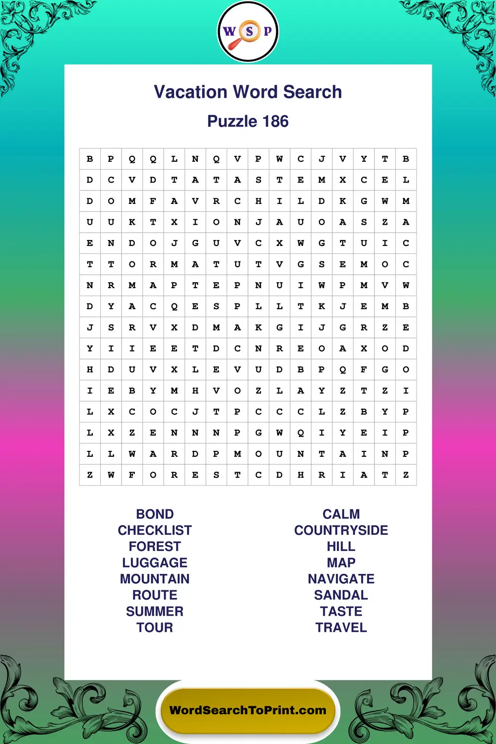 Vacation Word Search Puzzle 186