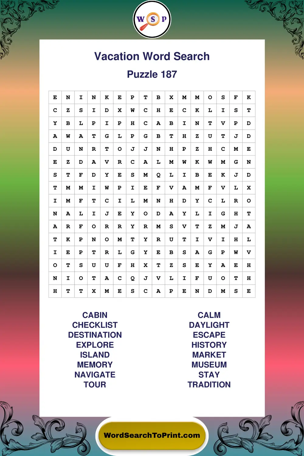 Vacation Word Search Puzzle 187