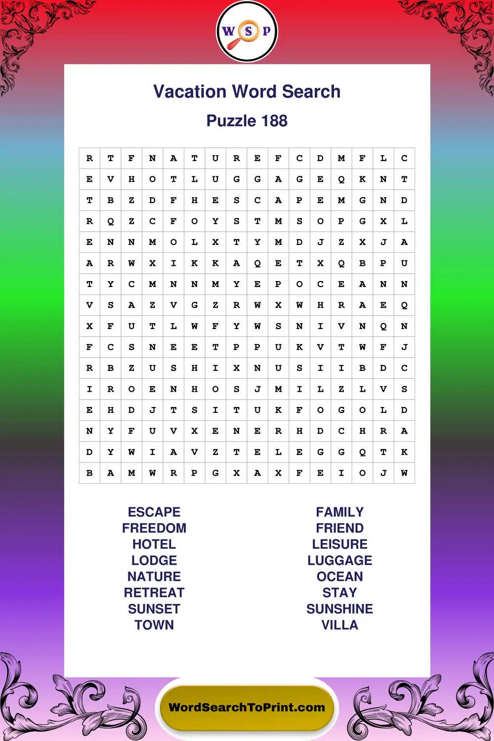 Vacation Word Search Puzzle 188