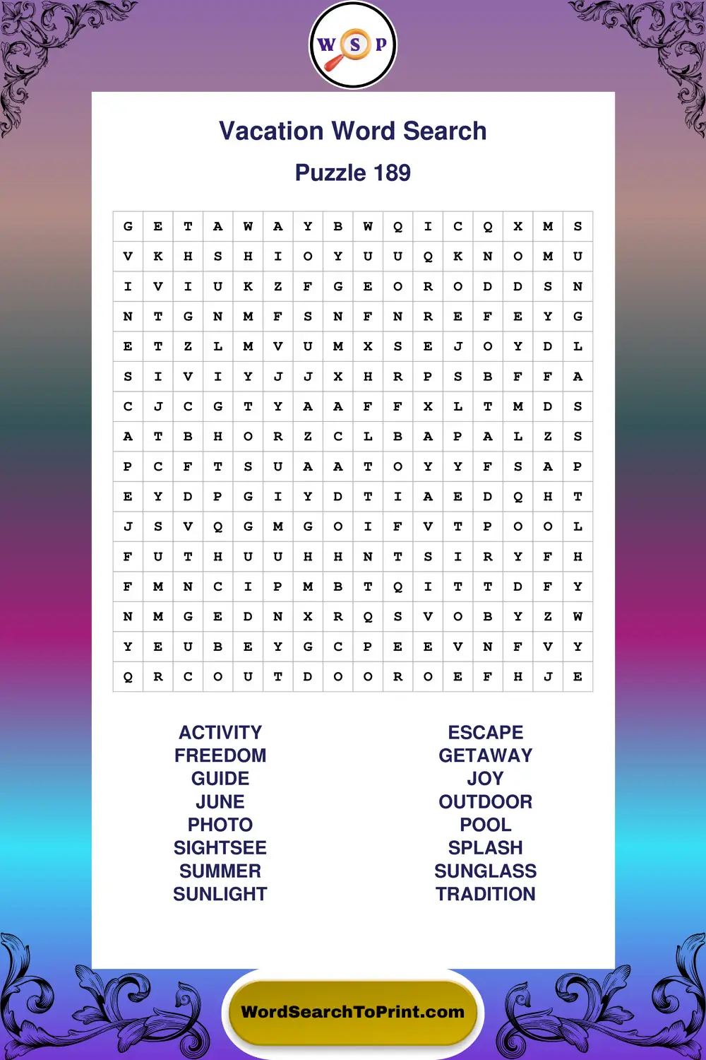 Vacation Word Search Puzzle 189