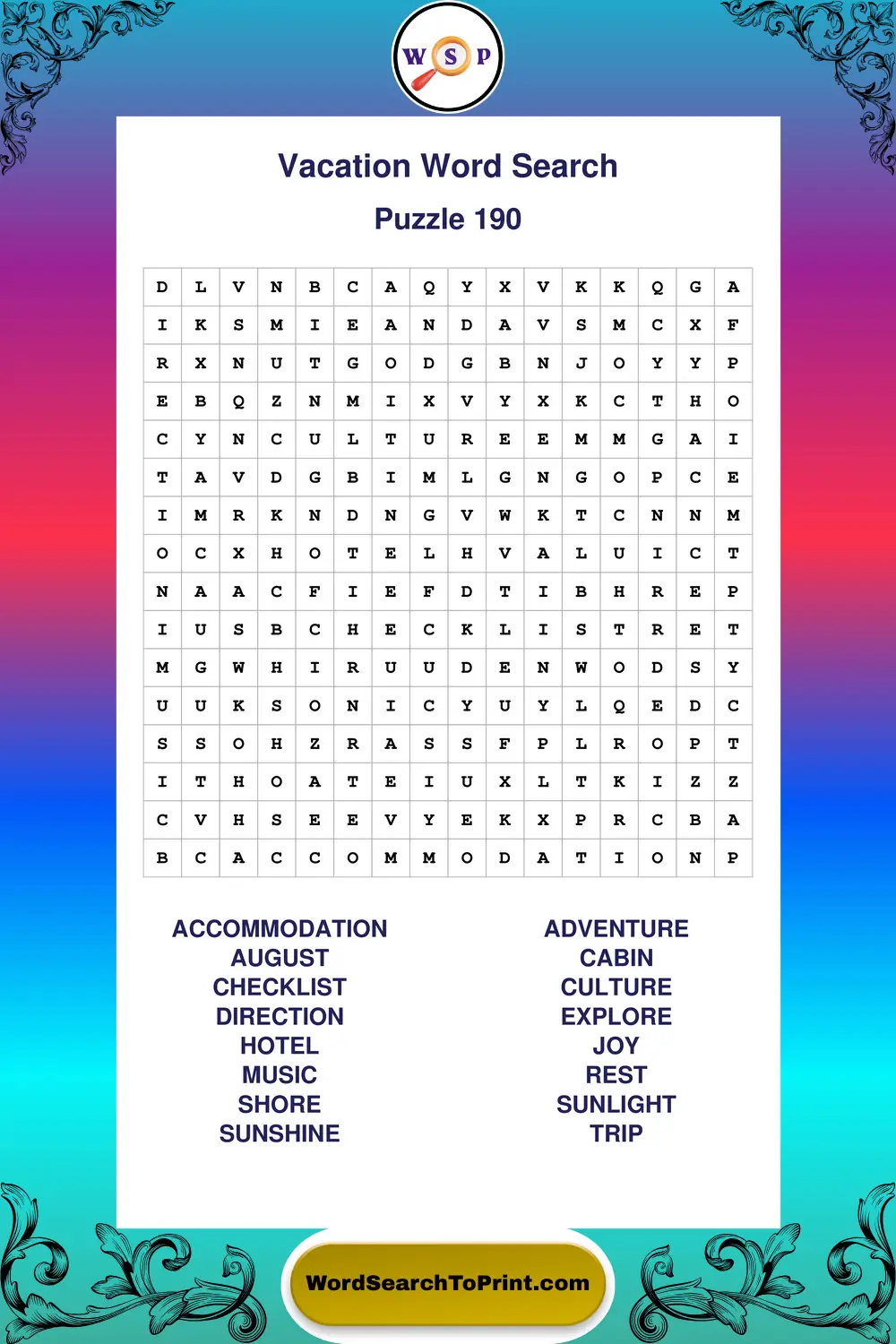 Vacation Word Search Puzzle 190