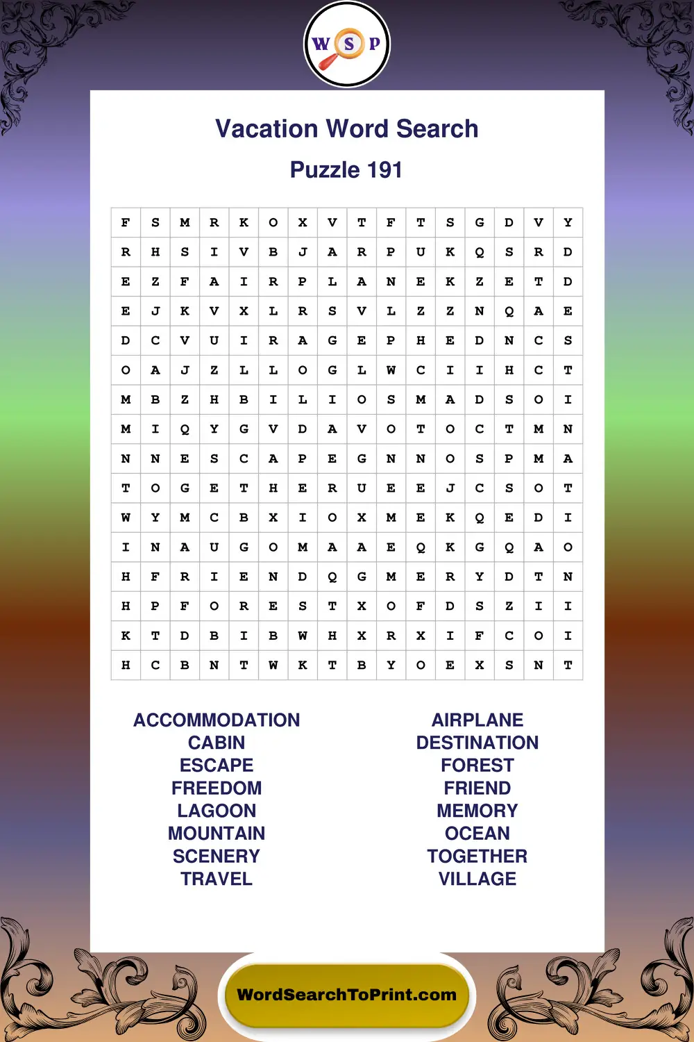 Vacation Word Search Puzzle 191