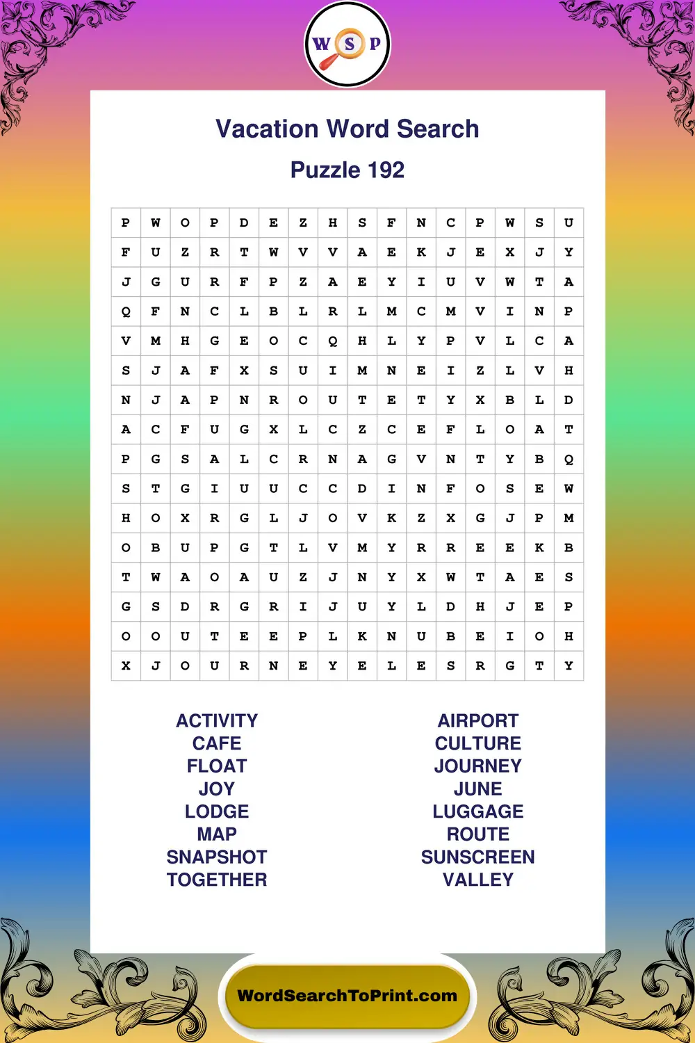 Vacation Word Search Puzzle 192