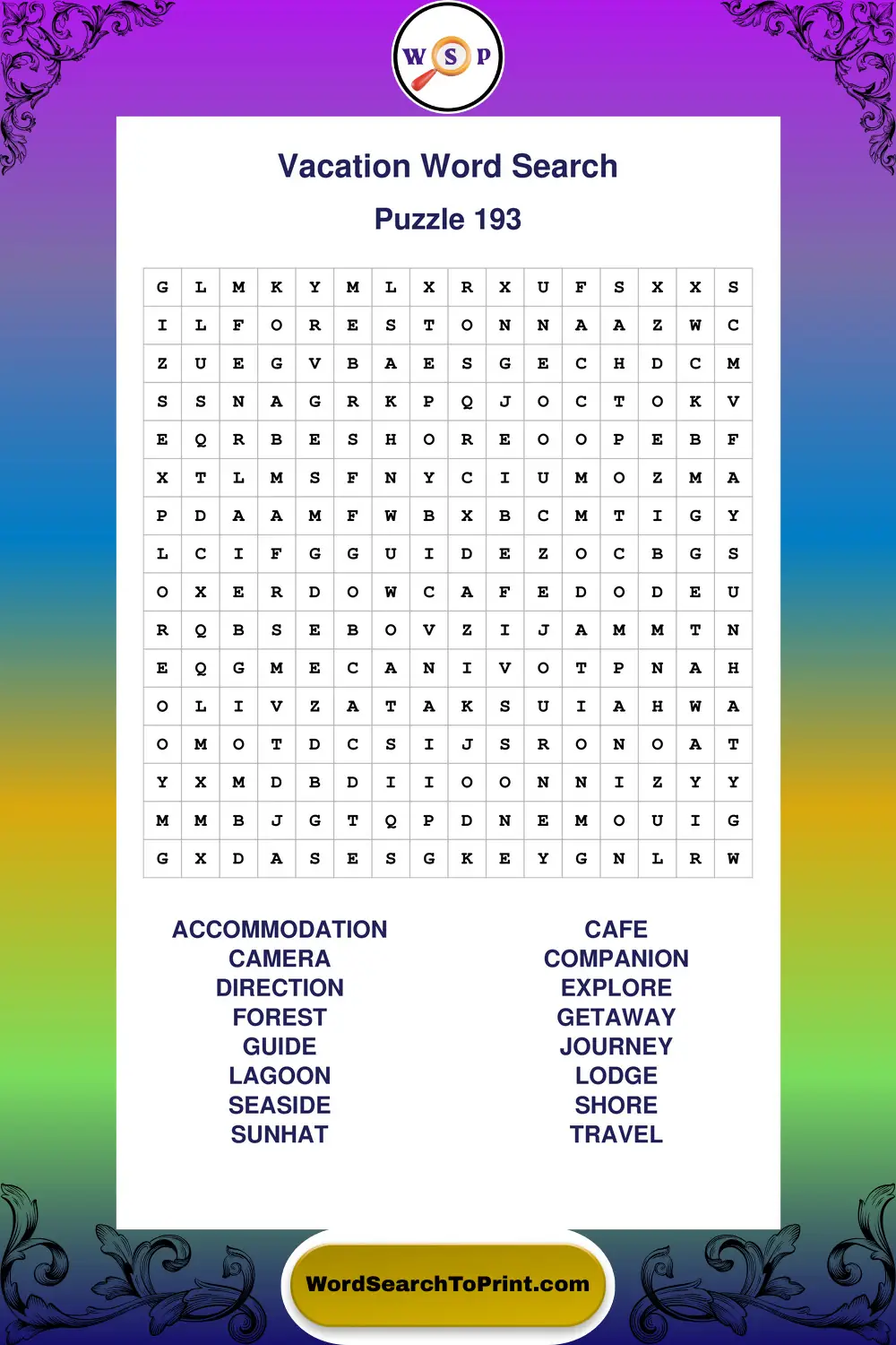 Vacation Word Search Puzzle 193