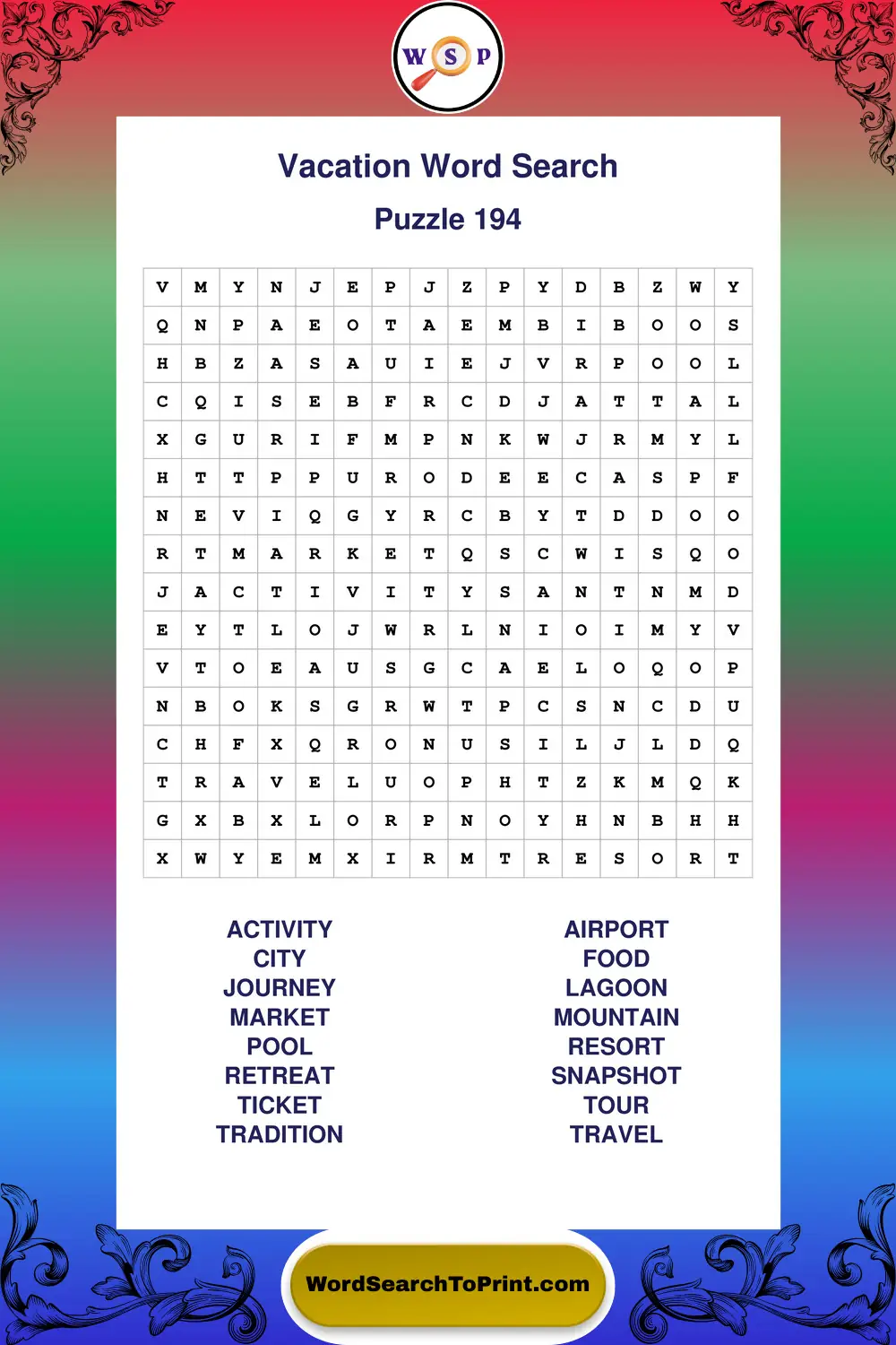 Vacation Word Search Puzzle 194