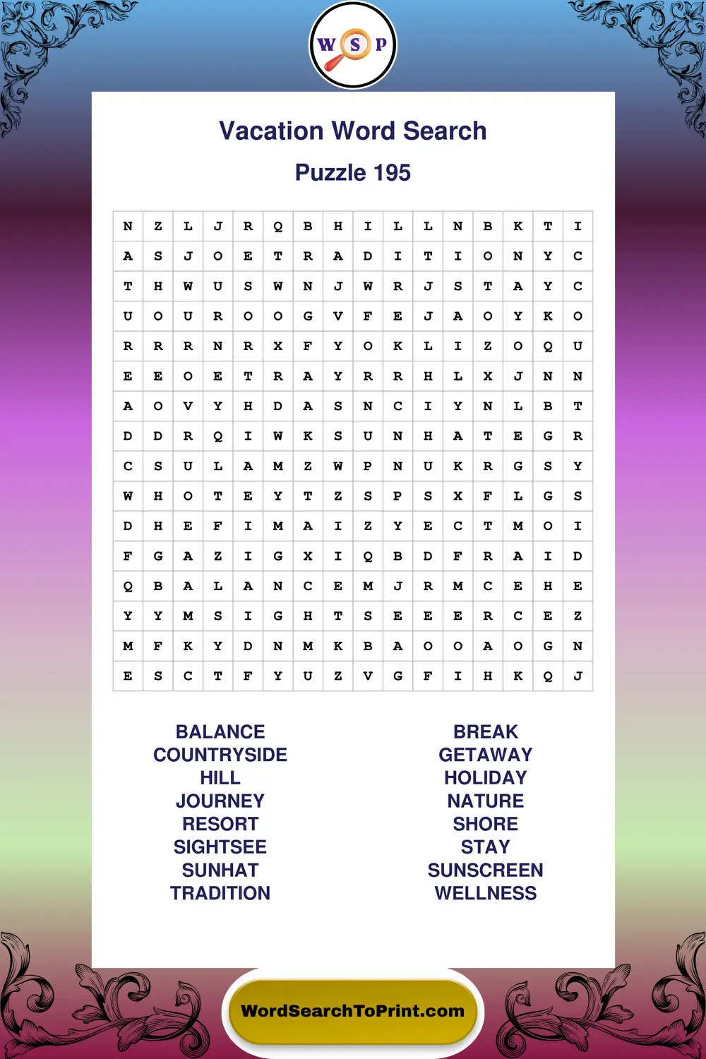 Vacation Word Search Puzzle 195