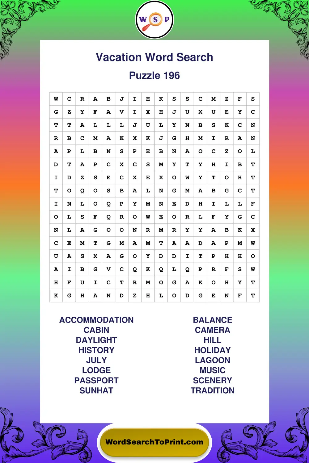 Vacation Word Search Puzzle 196