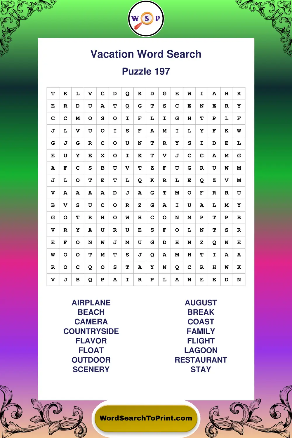 Vacation Word Search Puzzle 197