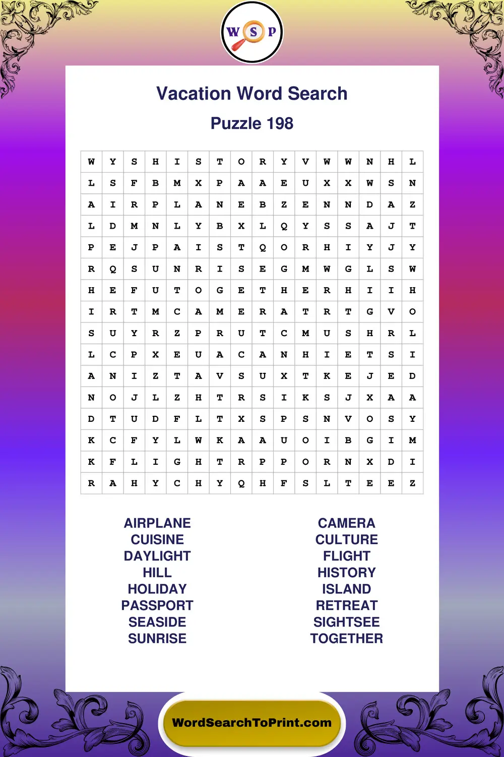 Vacation Word Search Puzzle 198