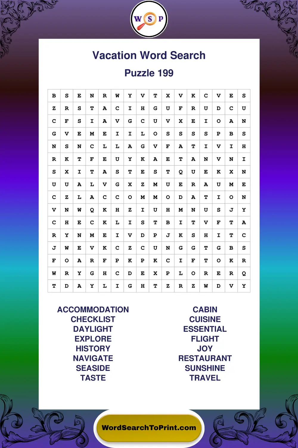 Vacation Word Search Puzzle 199