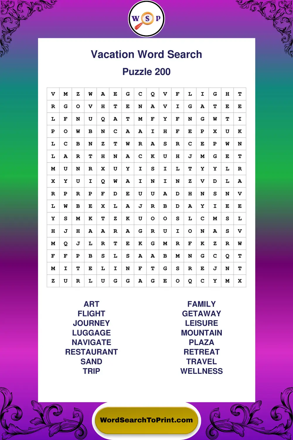 Vacation Word Search Puzzle 200