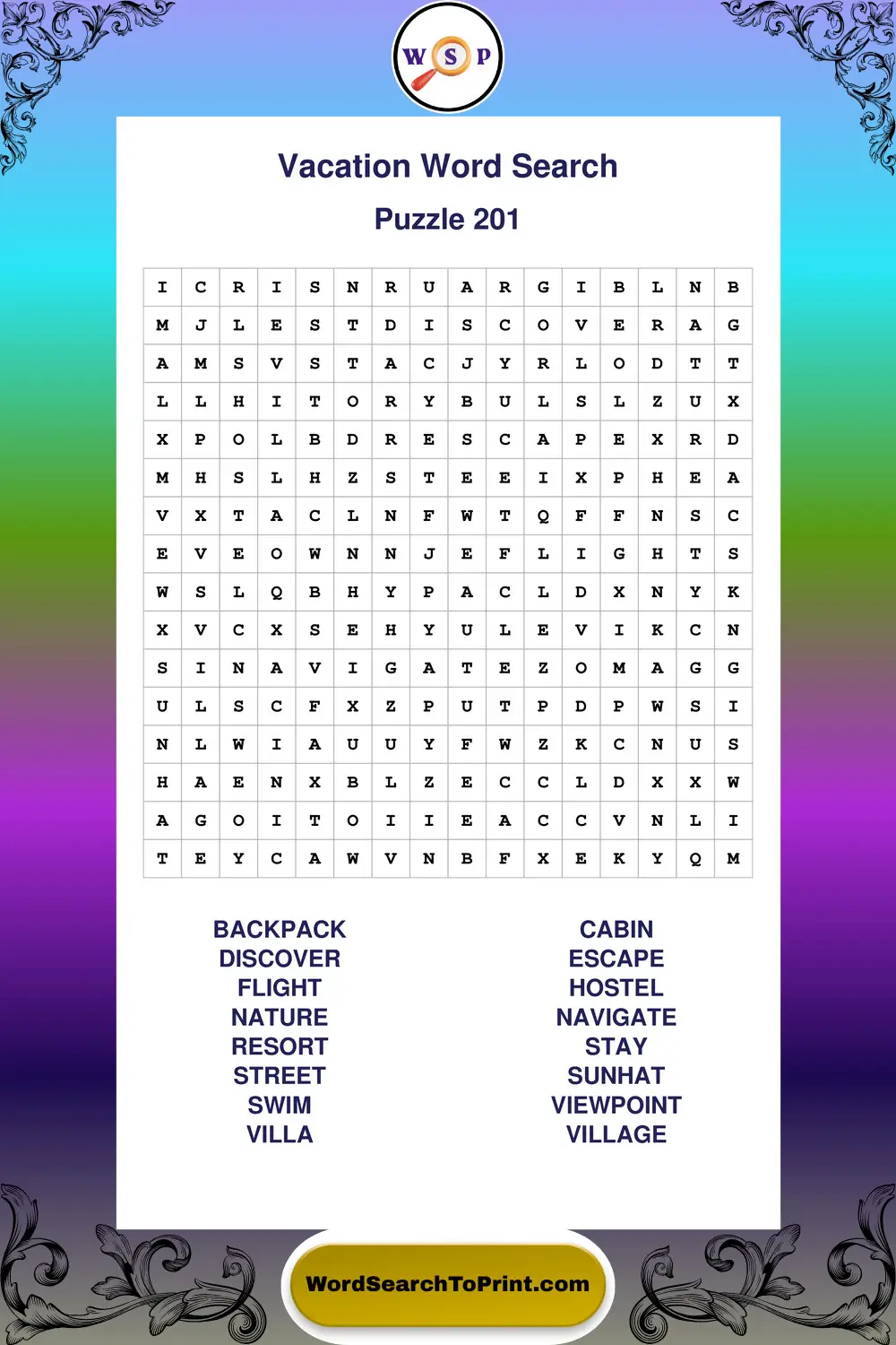 Vacation Word Search Puzzle 201