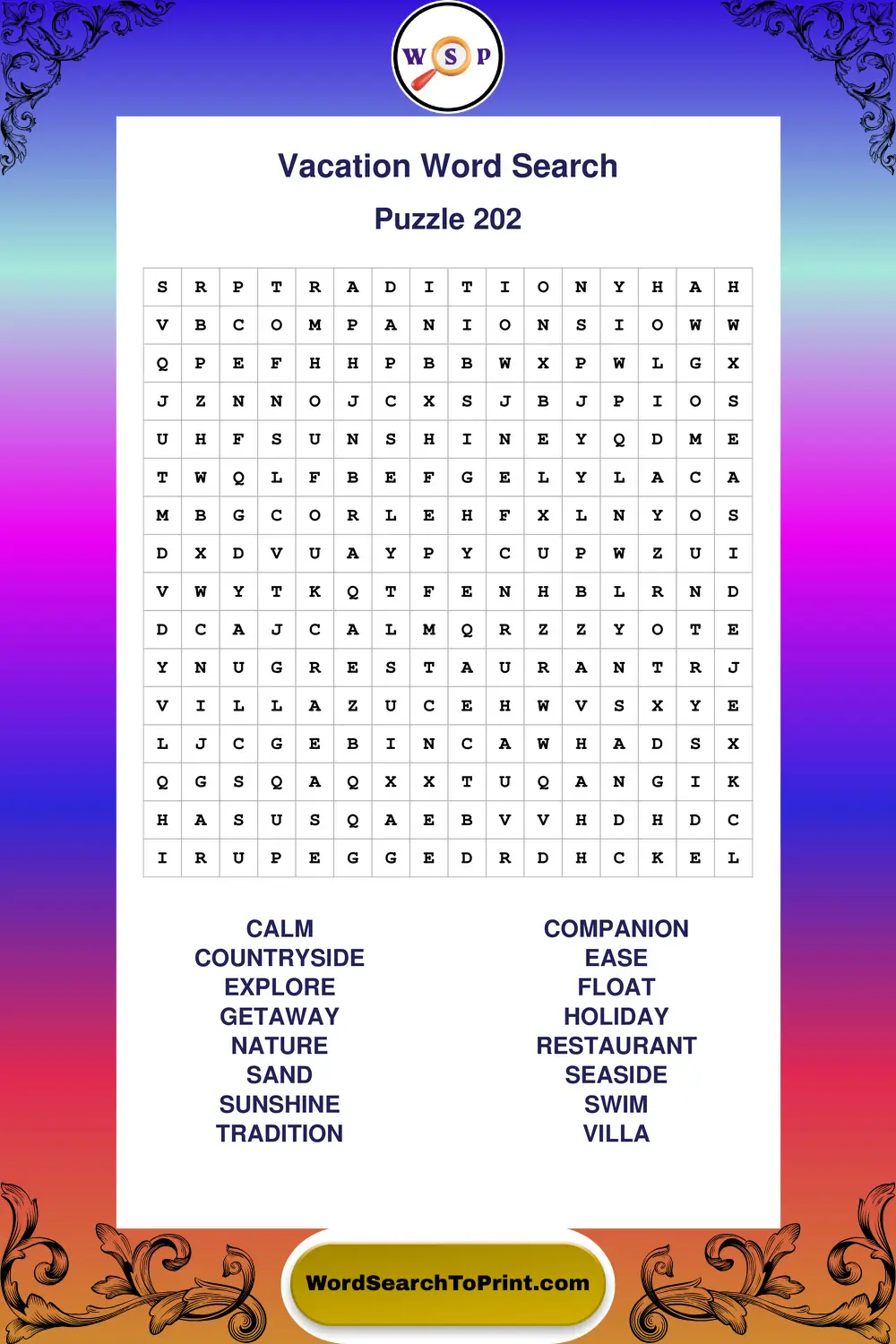 Vacation Word Search Puzzle 202