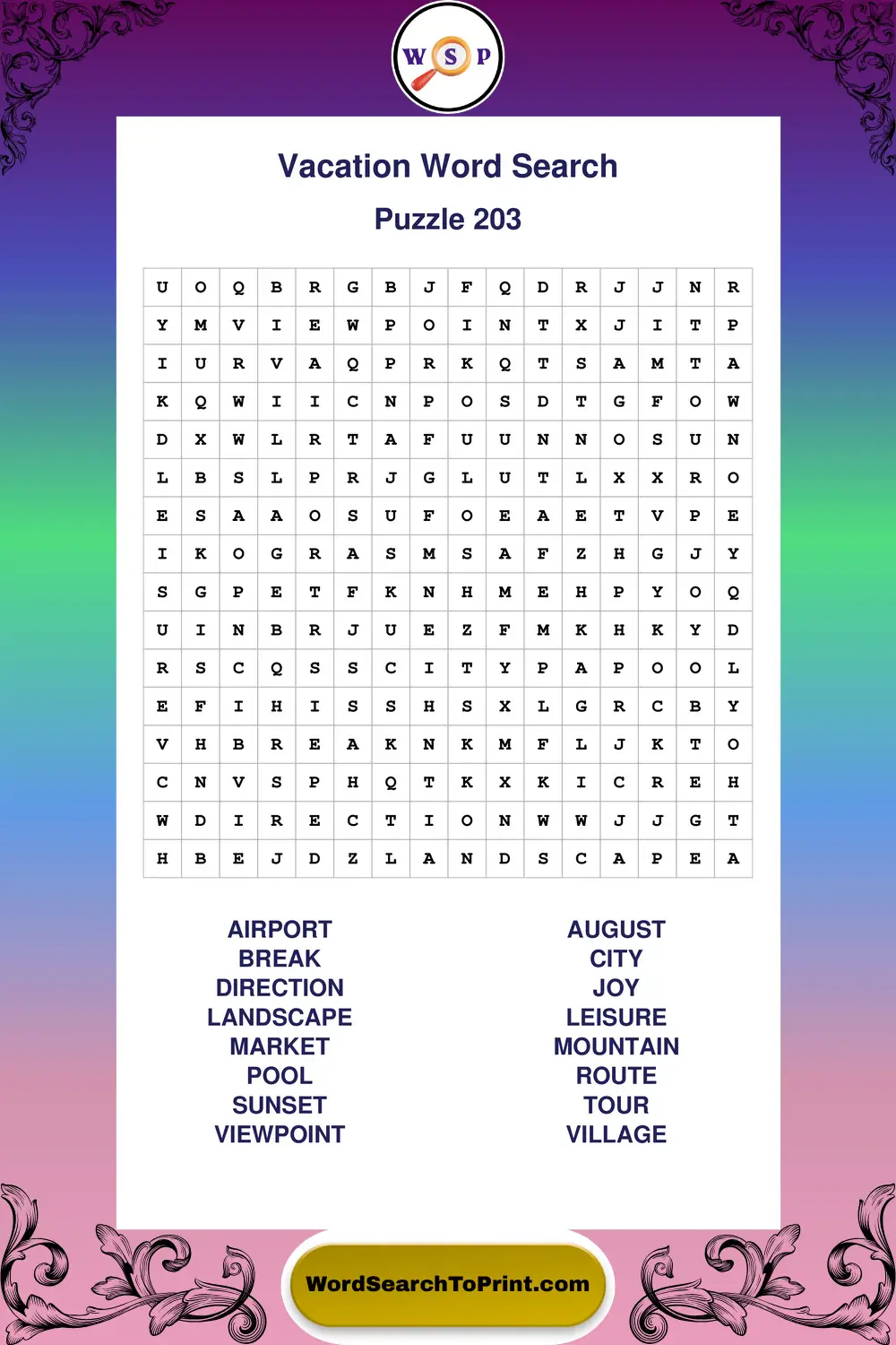 Vacation Word Search Puzzle 203