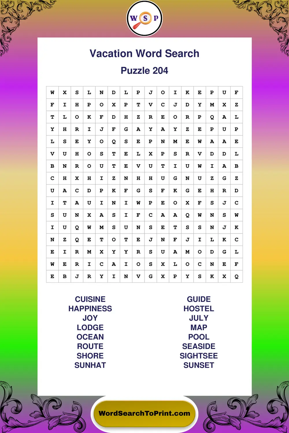 Vacation Word Search Puzzle 204